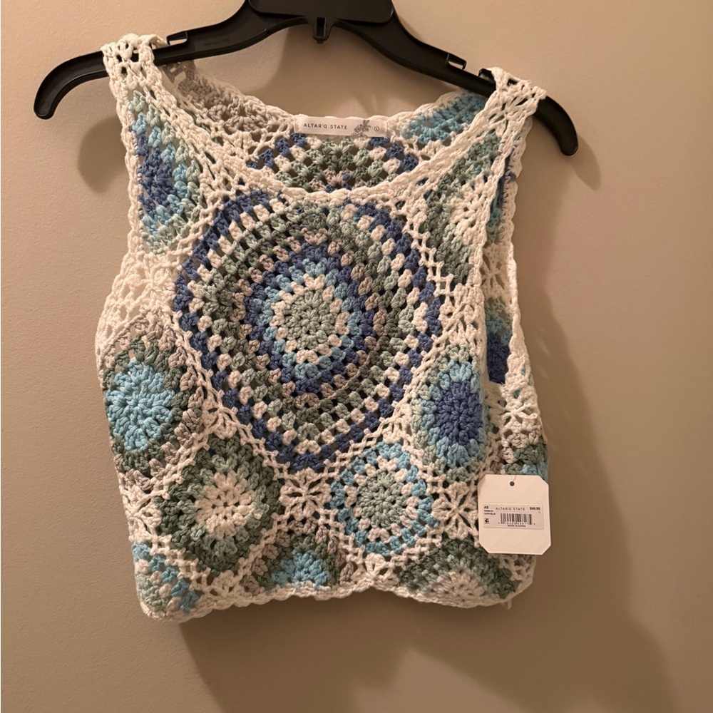 Altar'd State White Crochet Crop Top with Blue and Green Medallions